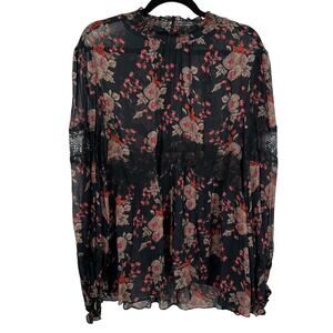 Zara Woman Black Sheer Floral‎ Lace Long Sleeve Blouse Top Size XL Boho Romantic